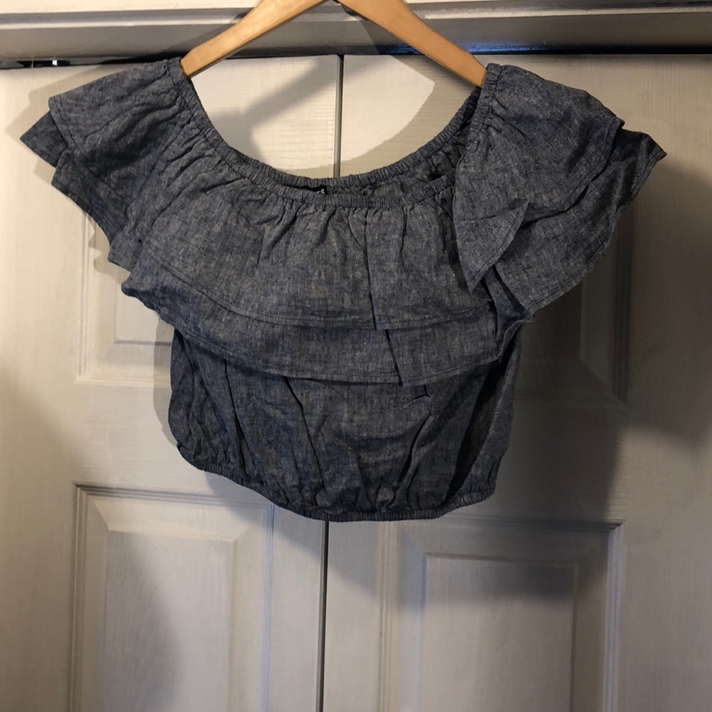 Express Gray Ruffle Off-Shoulder Top